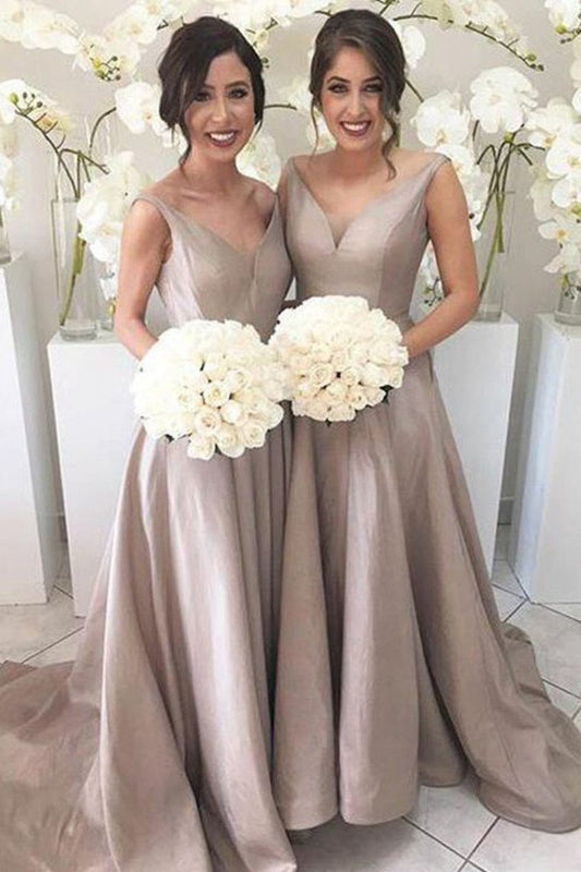 V Neck Bridesmaid Dresses A Line Satin Sweep Train Zipper Up