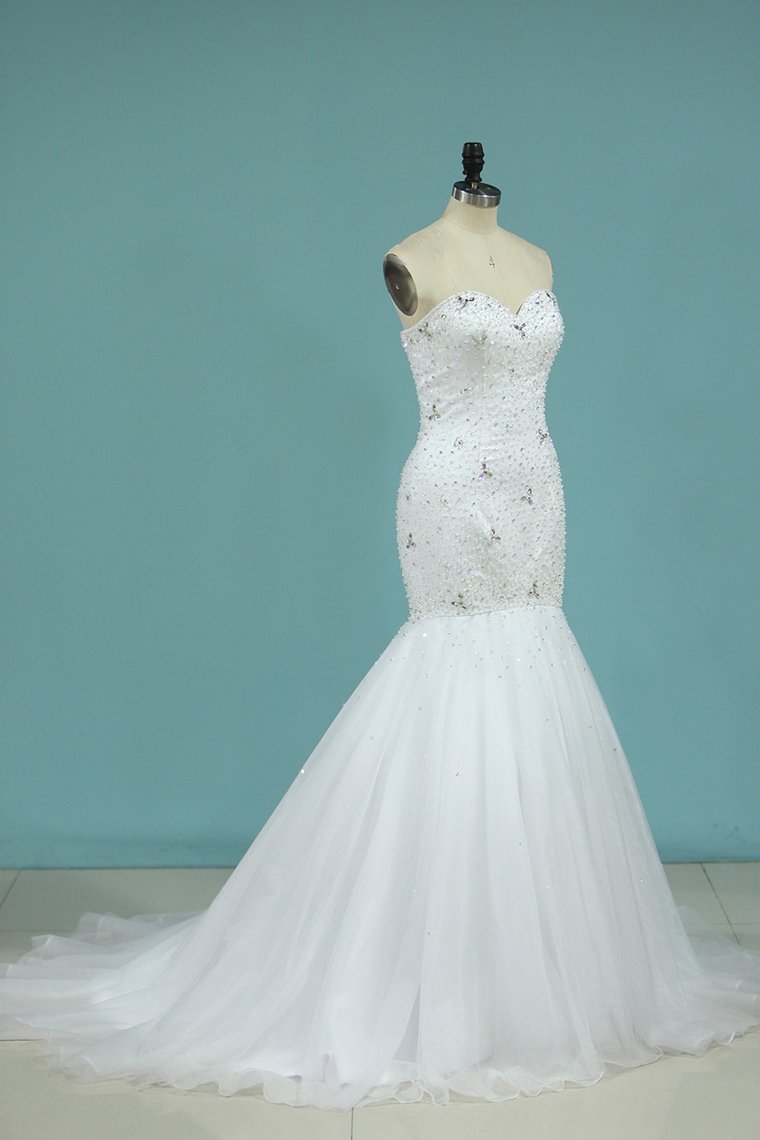 Full Beaded Bodice Wedding Dress Sweetheart With Tulle Skirt Lace Up