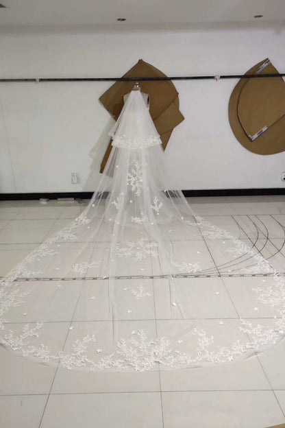 3M Long Embroidered Lace Appliques Tulle Cathedral Veil for Wedding, Wedding Veils SRS14988