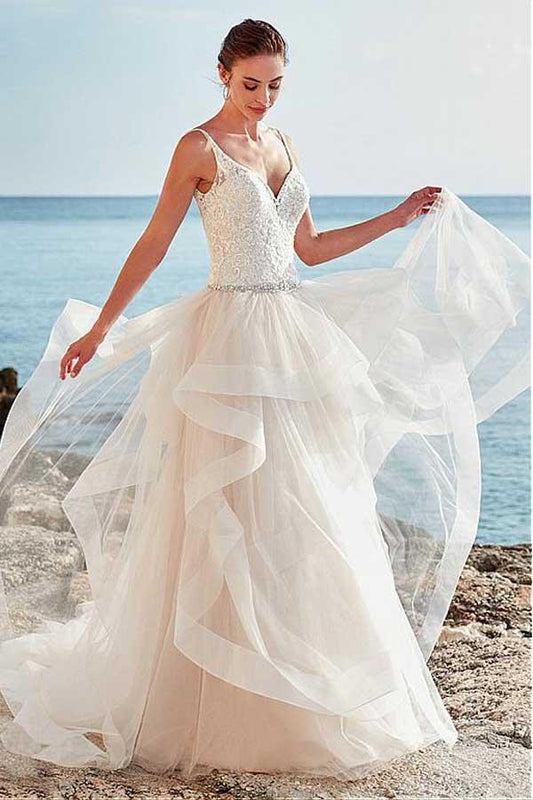 Spaghetti Straps Neckline Backless V-Neck Tulle A-Line Wedding Dresses With Beaded JS310