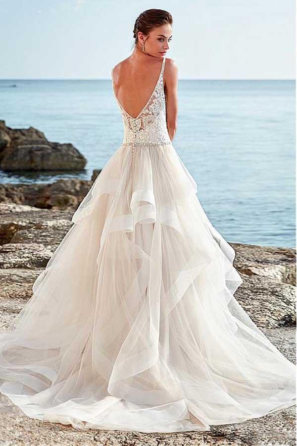 Spaghetti Straps Neckline Backless V-Neck Tulle A-Line Wedding Dresses With Beaded JS310