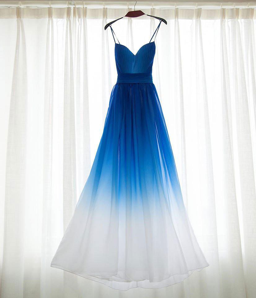 Spaghetti Strap Royal Blue Ombre Bridesmaid Dresses,Chiffon Prom Dress,A-line Bridesmaid Gown