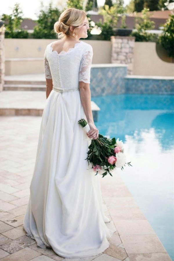 Lace A-Line Beading Ivory Scoop Chiffon Half Sleeve Floor-Length Wedding Dresses JS312