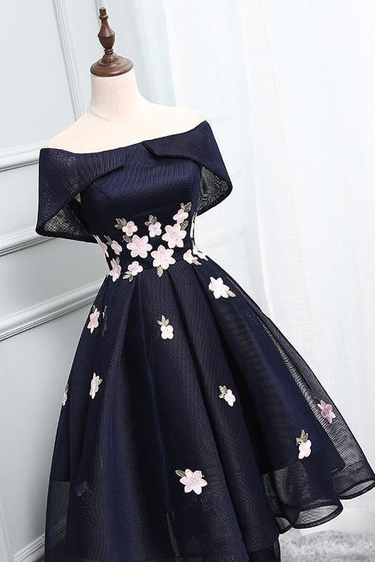 Chic Off-the-Shoulder Appliques Asymmetrical Short High Low Homecoming Dress