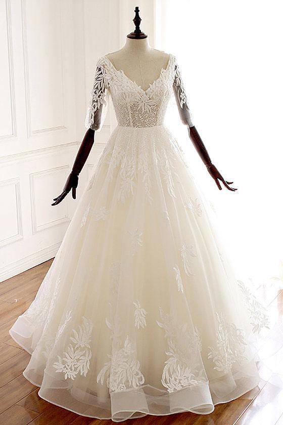 A Line Ivory V Neck Tulle Lace Half Sleeve Organza Long Prom Dresses Wedding Dress