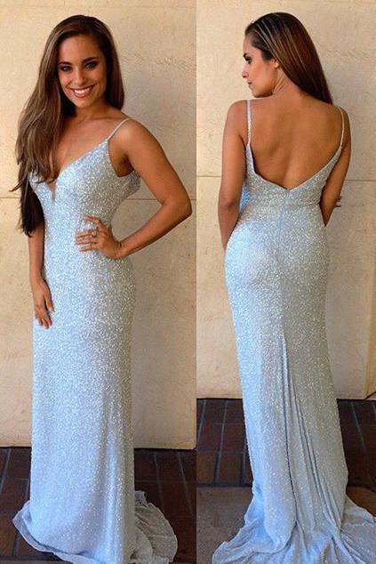 Cheap Floor-Length Sleeveless V-Neck Mermaid Backless Spaghetti Strap Prom Dresses