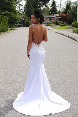 Elegant Lace Appliques V-Neck Backless White Sweetheart Spaghetti Straps Mermaid Wedding Dress JS179