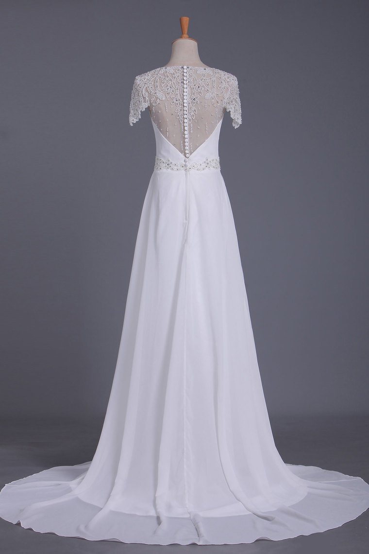 2024 Scoop Wedding Dresses Sheath With Beading Chiffon Sweep Train