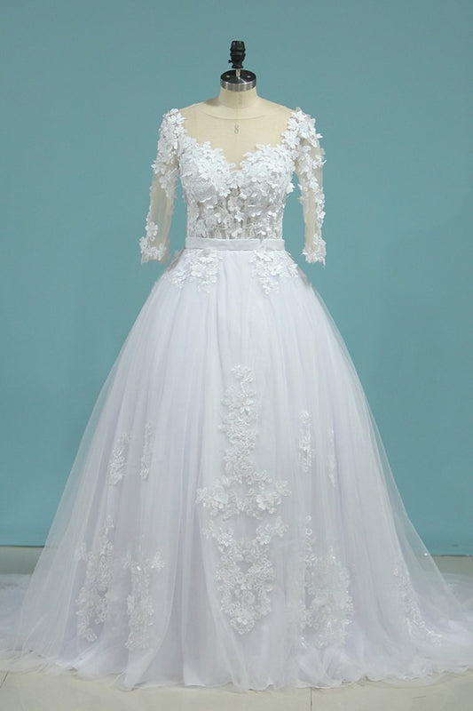 2024 Wedding Dresses V Neck Mid-Length Sleeves Tulle With Applique