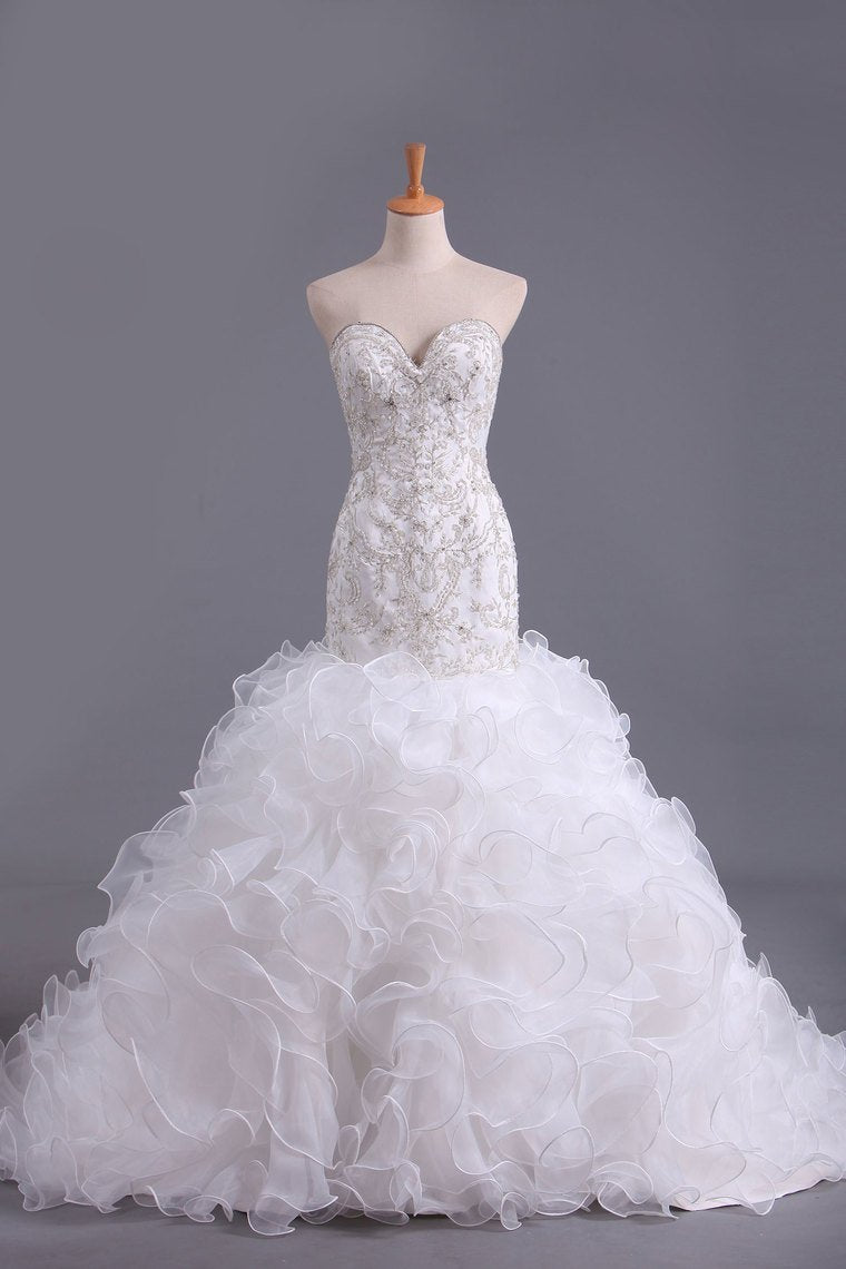 Sweetheart Wedding Dresses Mermaid Organza With Beads And Rhinestones