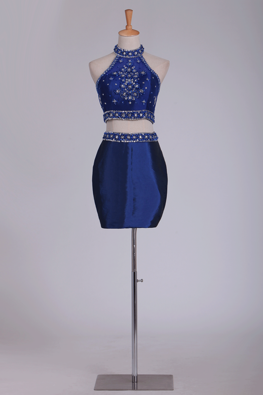 Two Pieces Halter Homecoming Dresses Sheath With Beads Short/Mini Dark Royal Blue