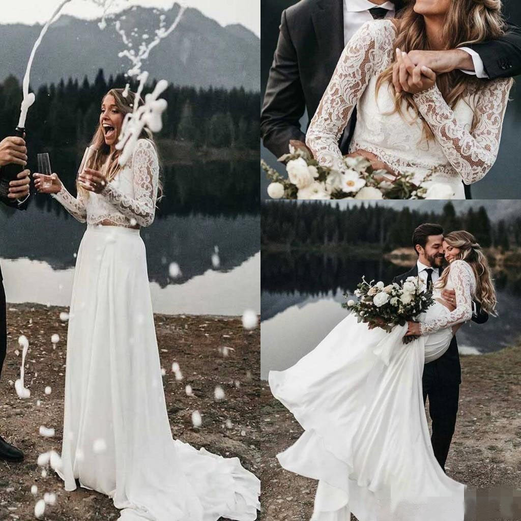 Long Sleeve Two Pieces Lace Round Neck Beach Wedding Dresses Chiffon Boho Bridal Gowns SRS14979