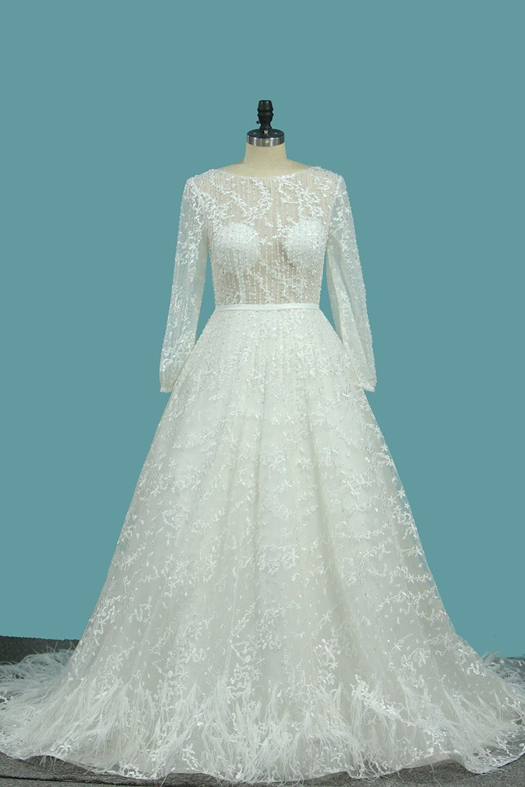 Lace Wedding Dresses A Line Scoop Long Sleeves With Sash Court Train