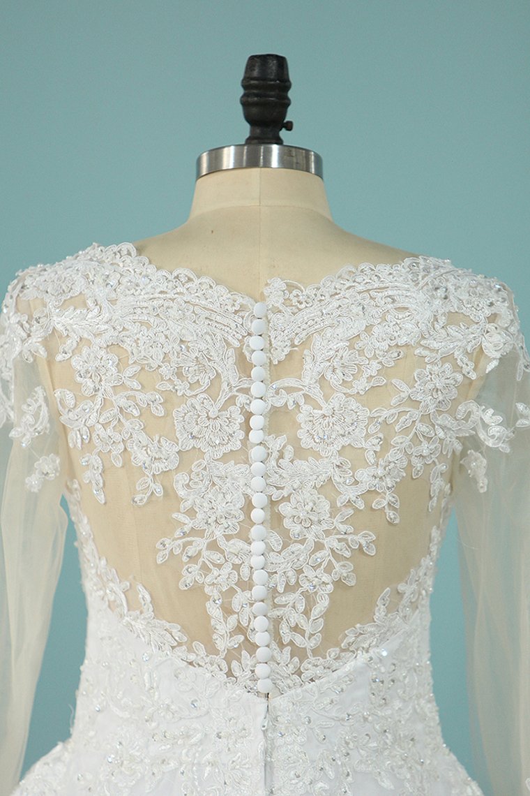 Wedding Dresses Scoop Long Sleeves A Line Tulle With Applique