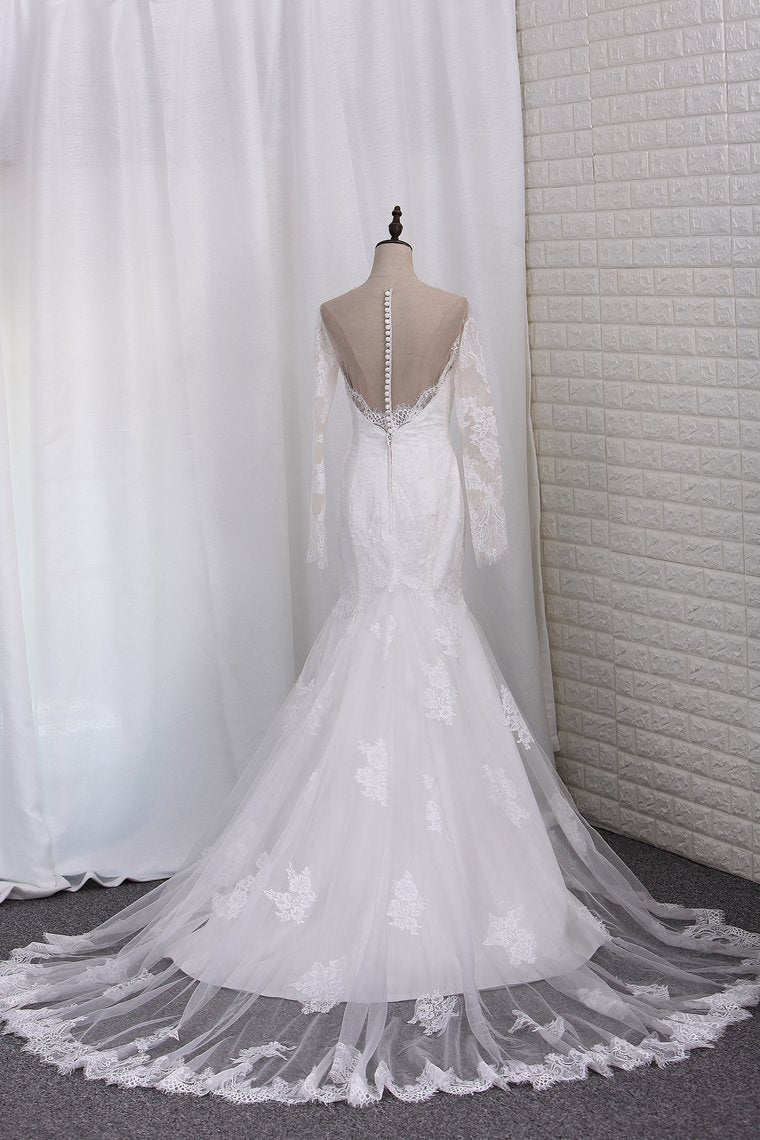 Wedding Dresses Long Sleeves Scoop Mermaid Tulle With Applique