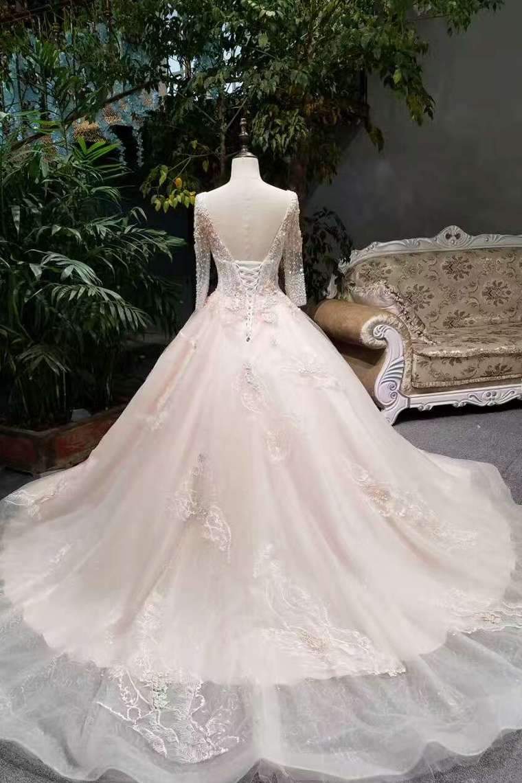 New Arrival Pink Wedding Dresses Lace Up Long Sleeves With Appliques And Beading Lace Up