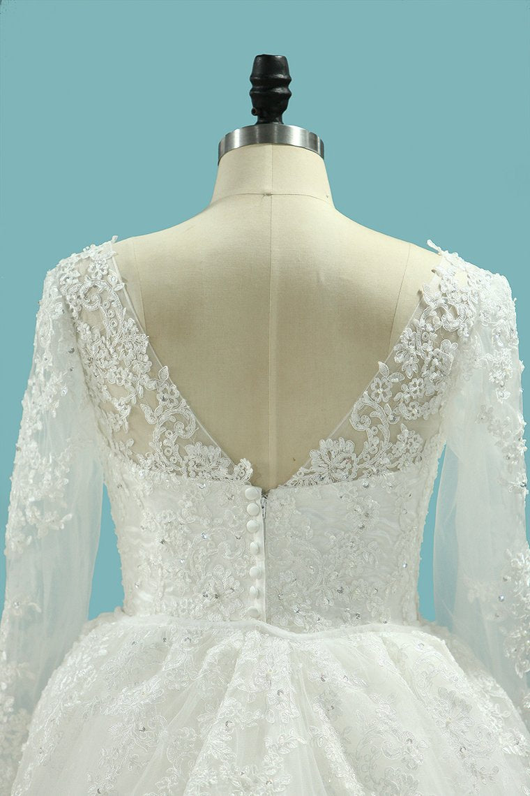 V Neck Sheath Wedding Dresses With Applique Long Sleeves Detachable Train