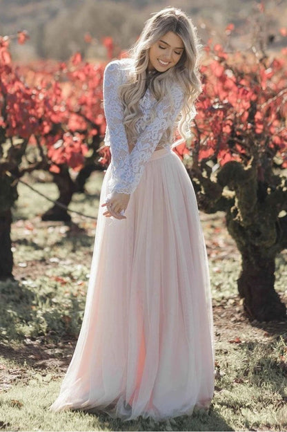 Two Pieces Long Sleeves Lace Appliques Blush Pink Wedding Dresses, Beach Wedding Dress SRS15538