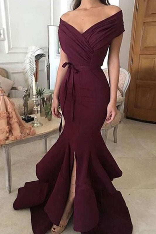 2024 Unique Mermaid Off The Shoulder Ruffled & Split Burgundy Chiffon Long Prom Dresses Evening Dresses