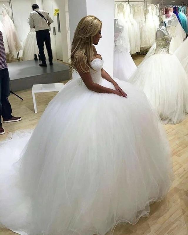 Sparkly Ball Gown Tulle Strapless Ivory Wedding Dresses, Long Bridal Dresses SJS15429