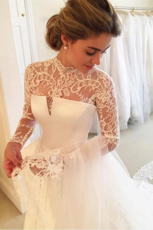 2024 High Neck Open Back Long Sleeves Wedding Dresses A Line Satin