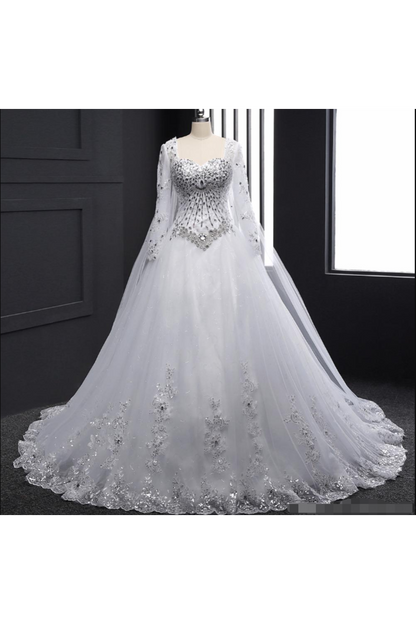 Sweetheart Wedding Dresses A Line With Beading Rhinestones Tulle Long Sleeves Chapel Train