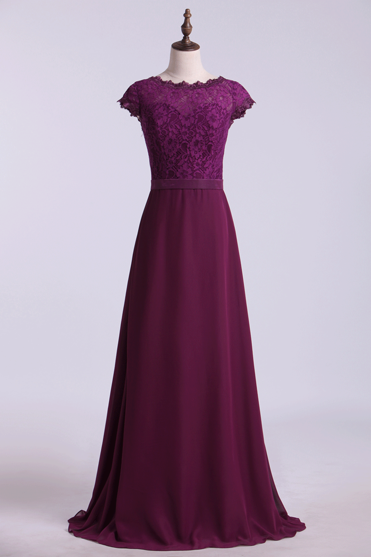 2024 Cap Sleeve Chiffon & Lace Bridesmaid Dresses A-Line Floor-Length