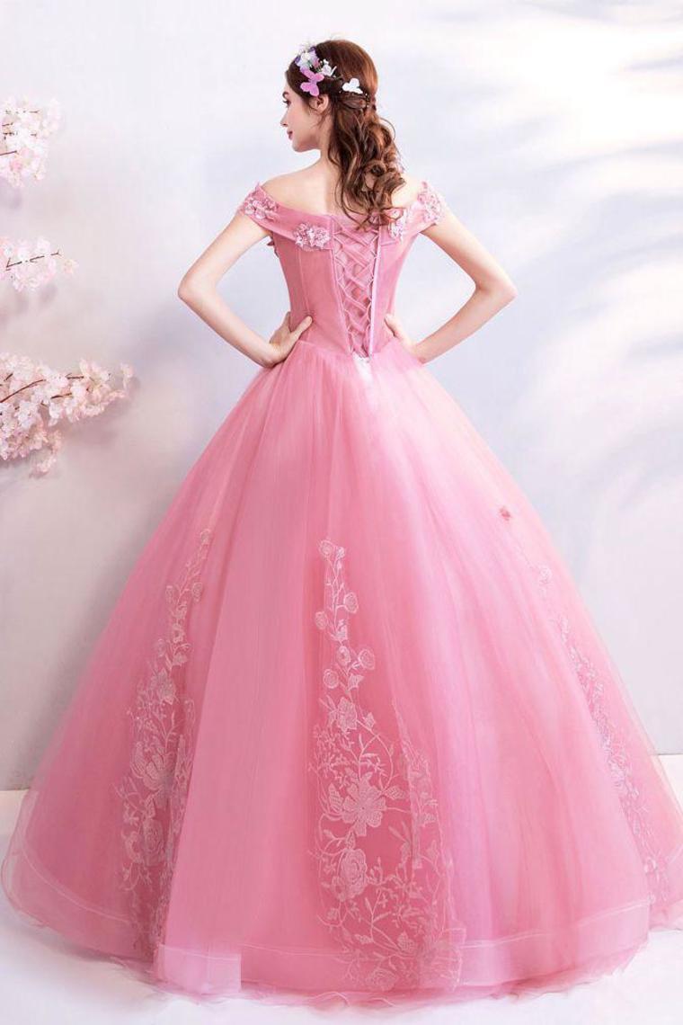 Off The Shoulder Puffy Tulle Prom Dresses, Floor Length Appliqued Quinceanera Dress