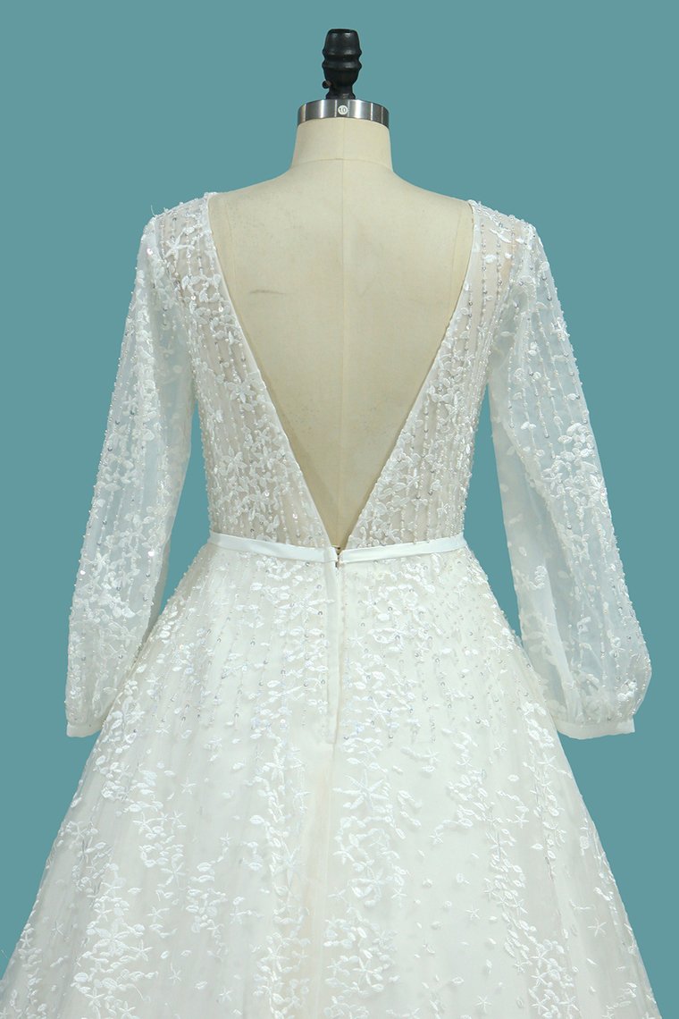 Lace Wedding Dresses A Line Scoop Long Sleeves With Sash Court Train