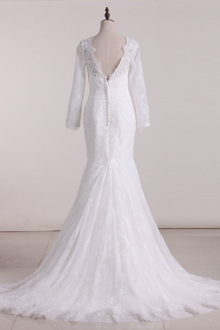 Wedding Dresses Scoop Long Sleeves Open Back Lace With Applique