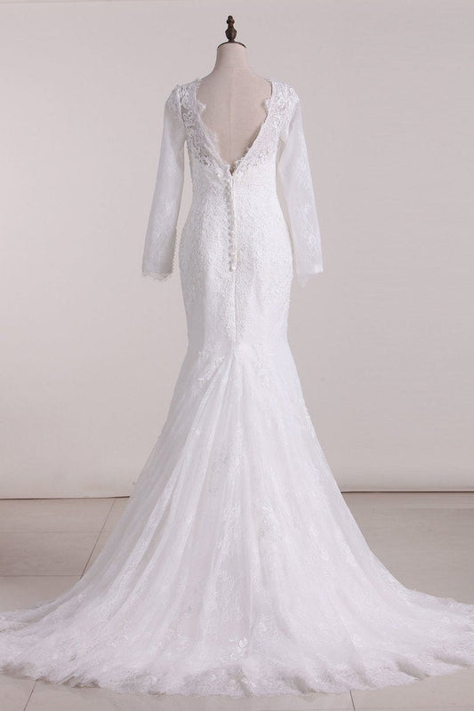 2024 Wedding Dresses Scoop Long Sleeves Open Back Lace With Applique