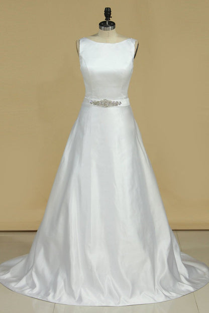 2024 Wedding Dresses A Line Scoop Satin With Beads And Sash