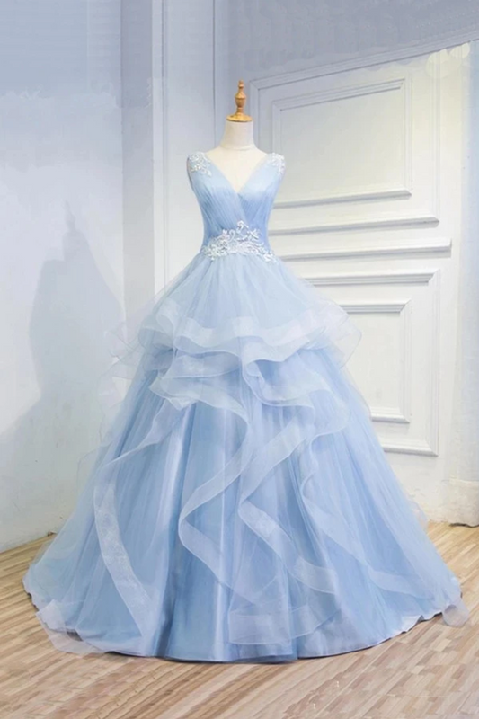 Puffy V Neck Sleeveless Tulle Prom Dress With Appliques Quinceanera SJSP4EM4EZY