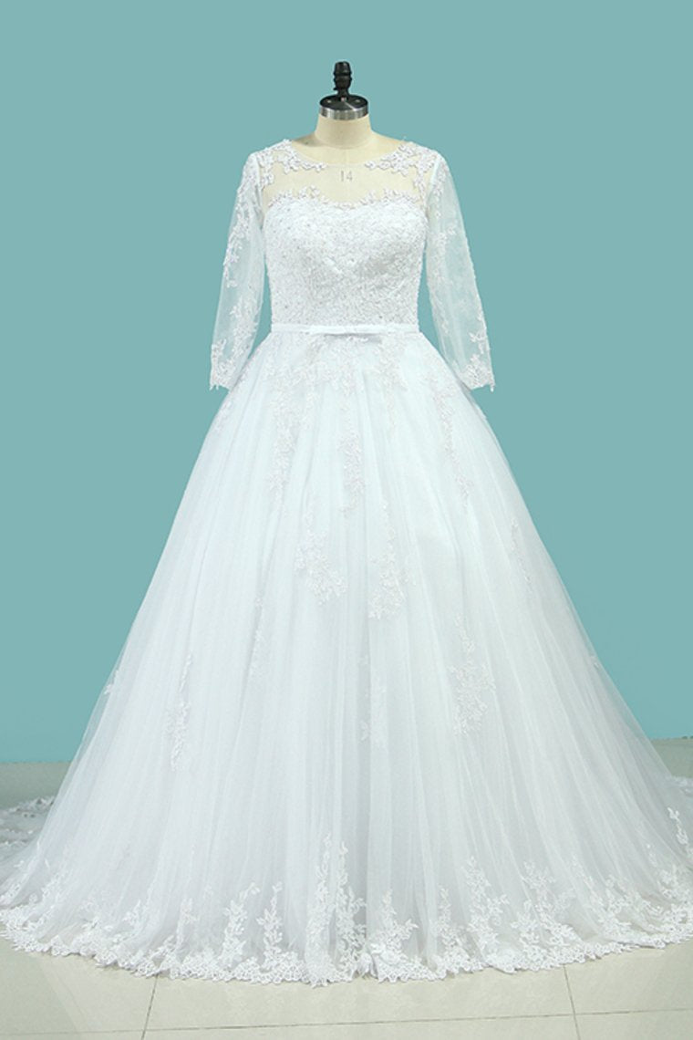 2024 Bateau Wedding Dresses Long Sleeves A Line Court Train Tulle With Applique