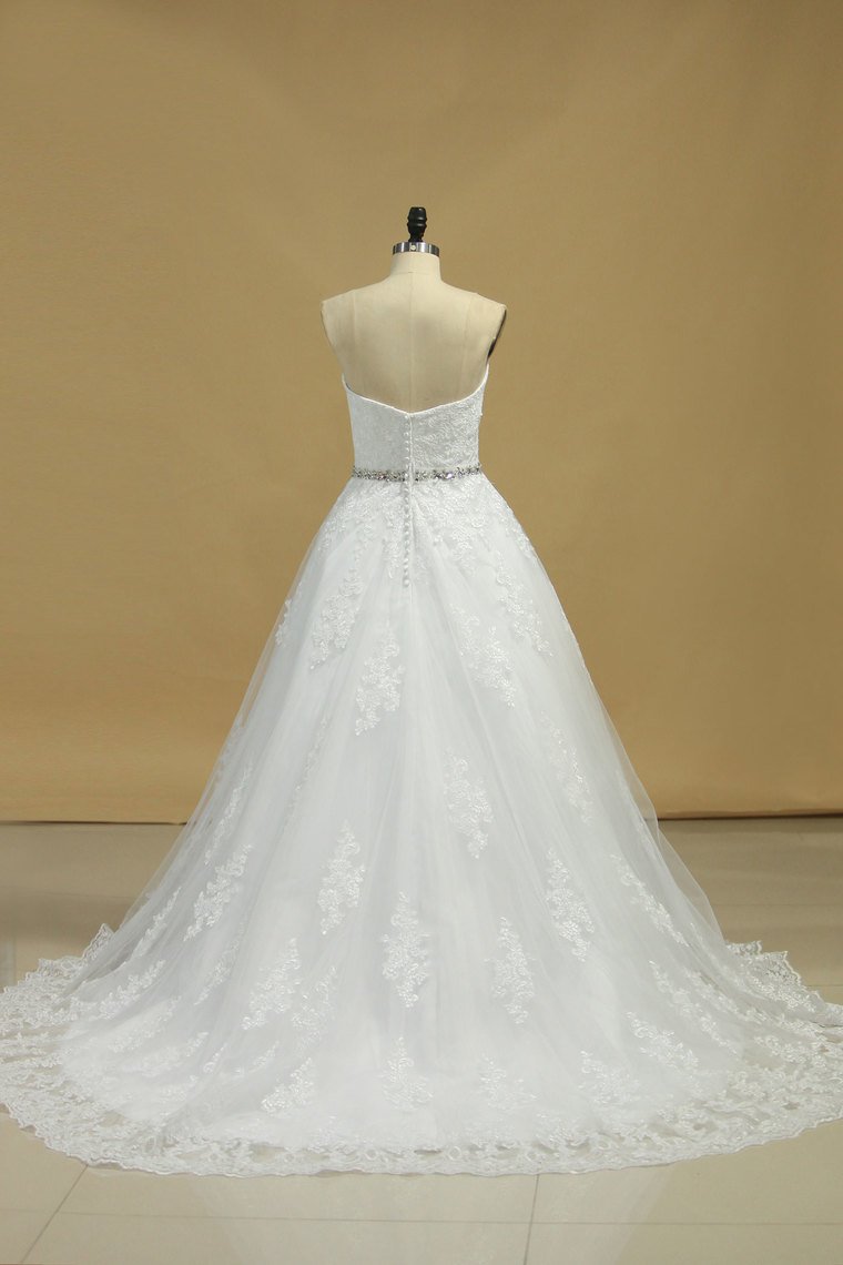 2024 Scalloped Neck Wedding Dresses Tulle With Applique And Beads A Line