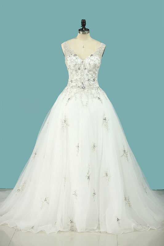 Wedding Dress V Neck Beaded Bodice A Line Tulle With Embroidery And Beads