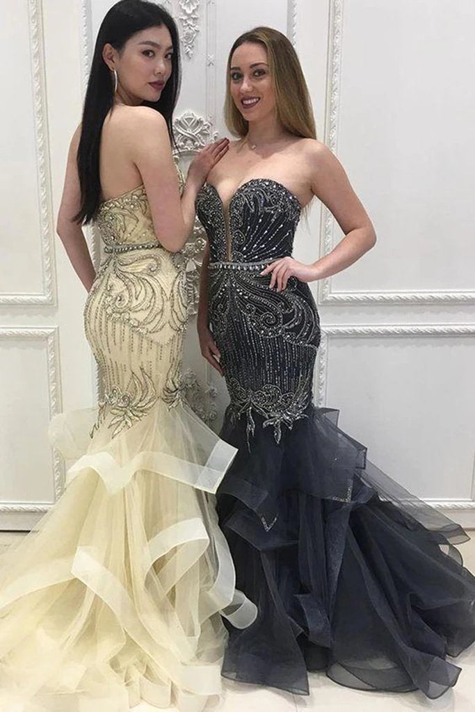 Elegant Sweetheart Tulle Beaded Long Mermaid Prom Dresses, Cheap Formal Dresses SRS15207