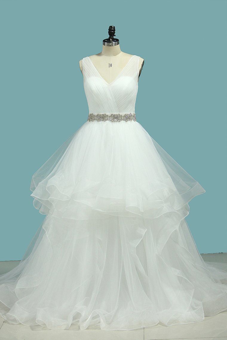 Wedding Dresses V-Neck Tulle With Beaded Belt Court Train