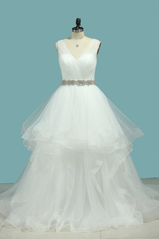 Wedding Dresses V-Neck Tulle With Beaded Belt Court Train