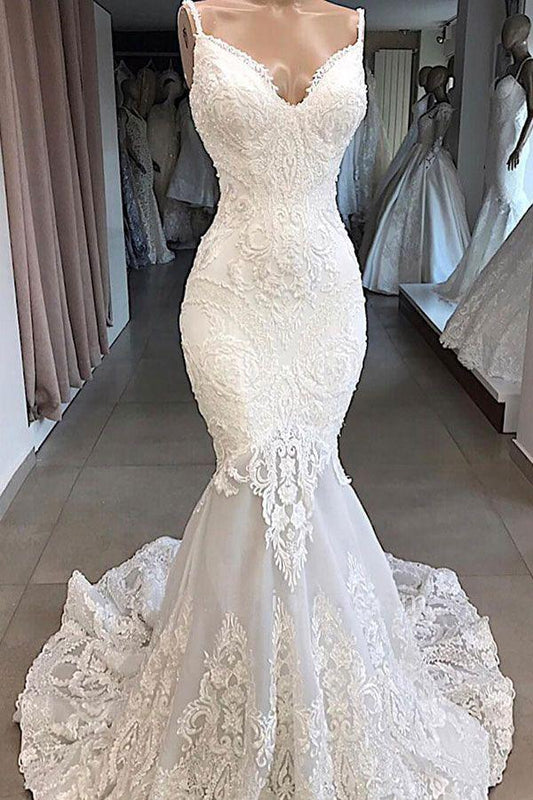 Charming Spaghetti Straps Lace Appliques Tulle Mermaid Wedding SRS20458