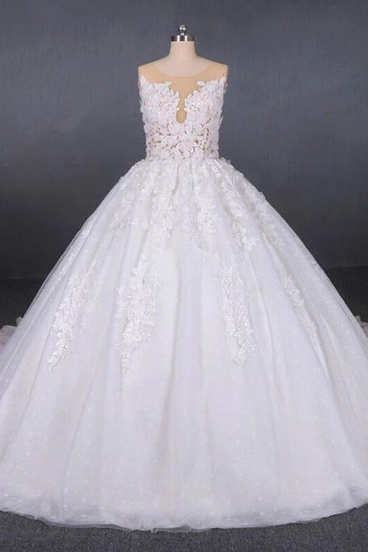 Princess Ball Gown Sheer Neck White Wedding Dresses Lace Appliqued Bridal Dresses SRS15293