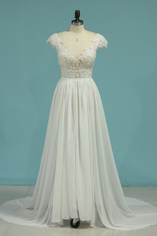 2024 Beach Wedding Dresses A-Line V-Neck Chiffon Full Beaded Top