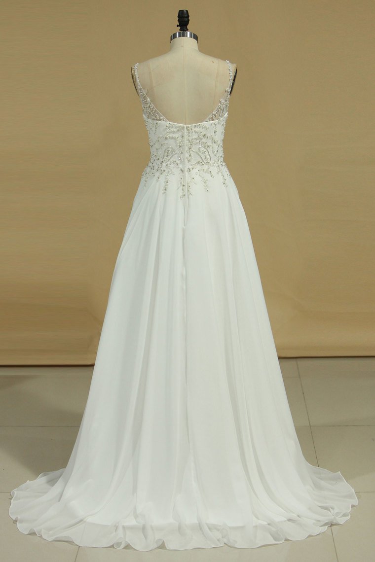 2024 Chiffon Spaghetti Straps Beaded Bodice Wedding Dresses A Line