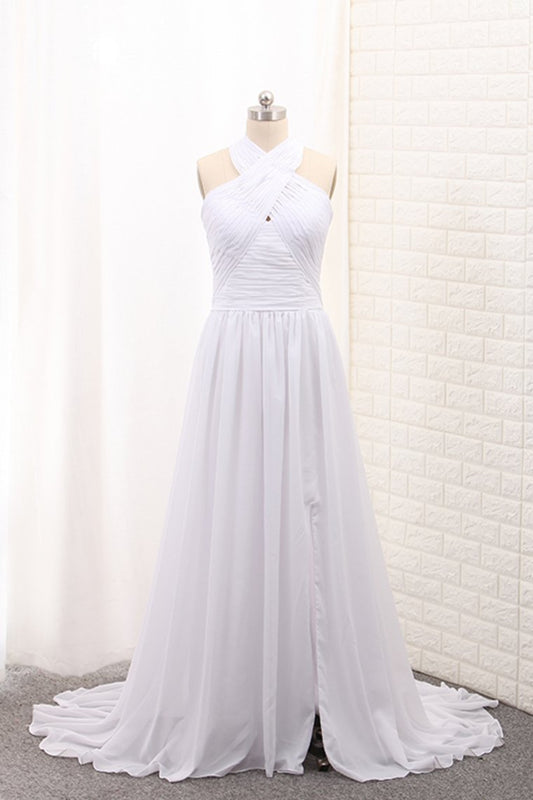 2024 Chiffon Halter With Ruffles And Slit Court Train Wedding Dresses