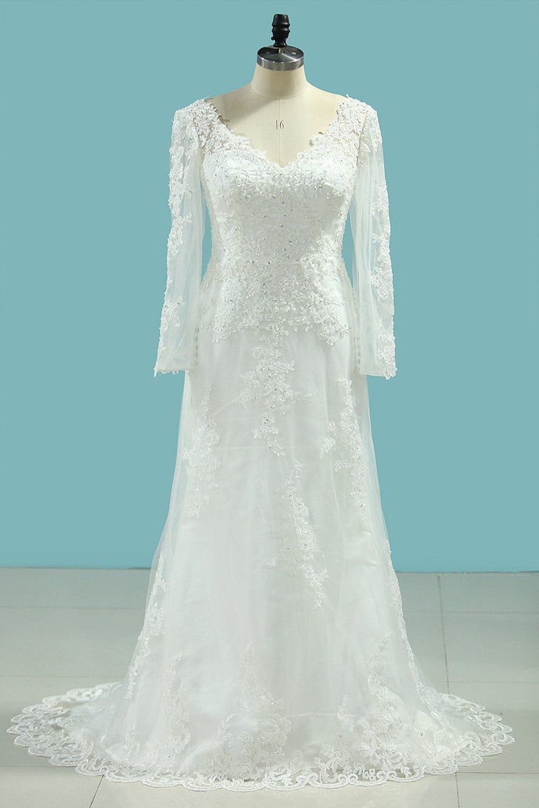 V Neck Sheath Wedding Dresses With Applique Long Sleeves Detachable Train