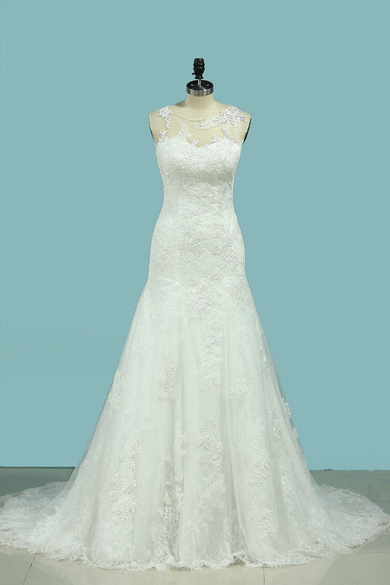 Scoop Lace With Applique Wedding Dresses Mermaid Court Train