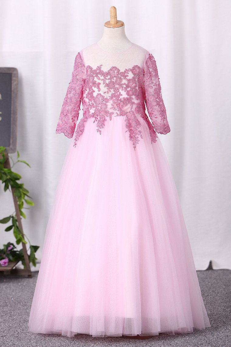 Flower Girl Dresses Ball Gown Scoop 3/4 Length Sleeves Tulle Floor Length With Appliques