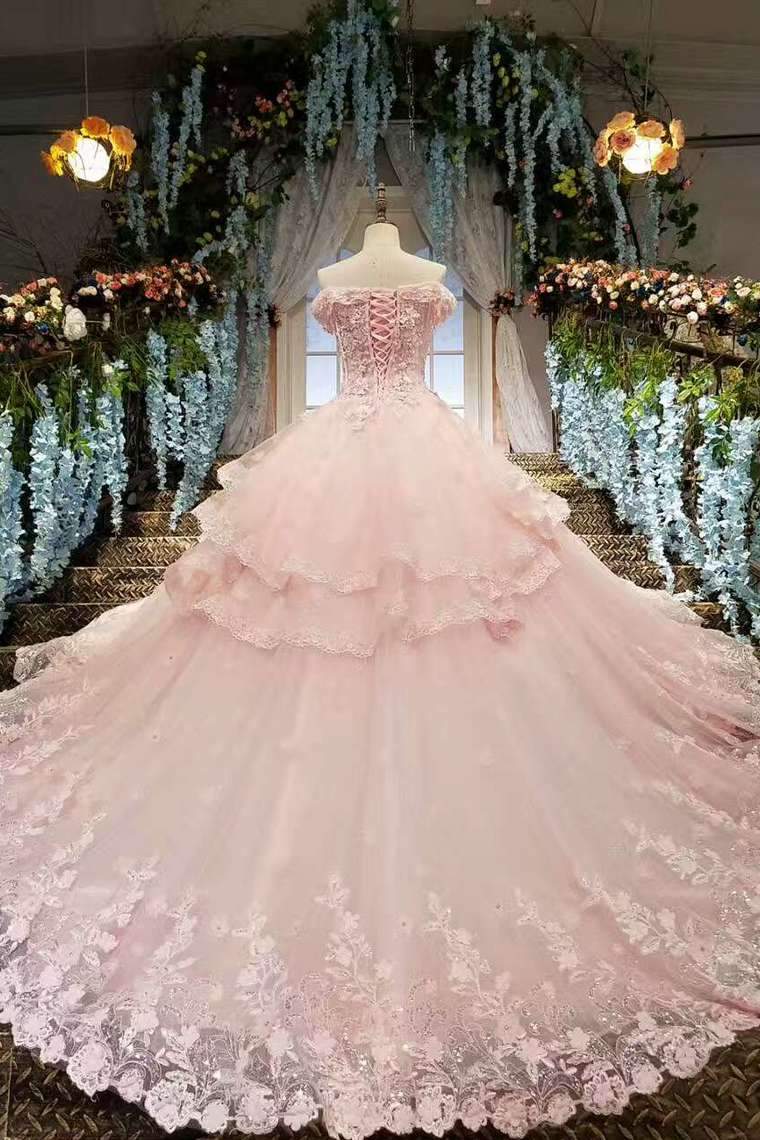 Tulle Awesome Pink Wedding Dresses Off The Shoulder Lace Up With Appliques And Crystals