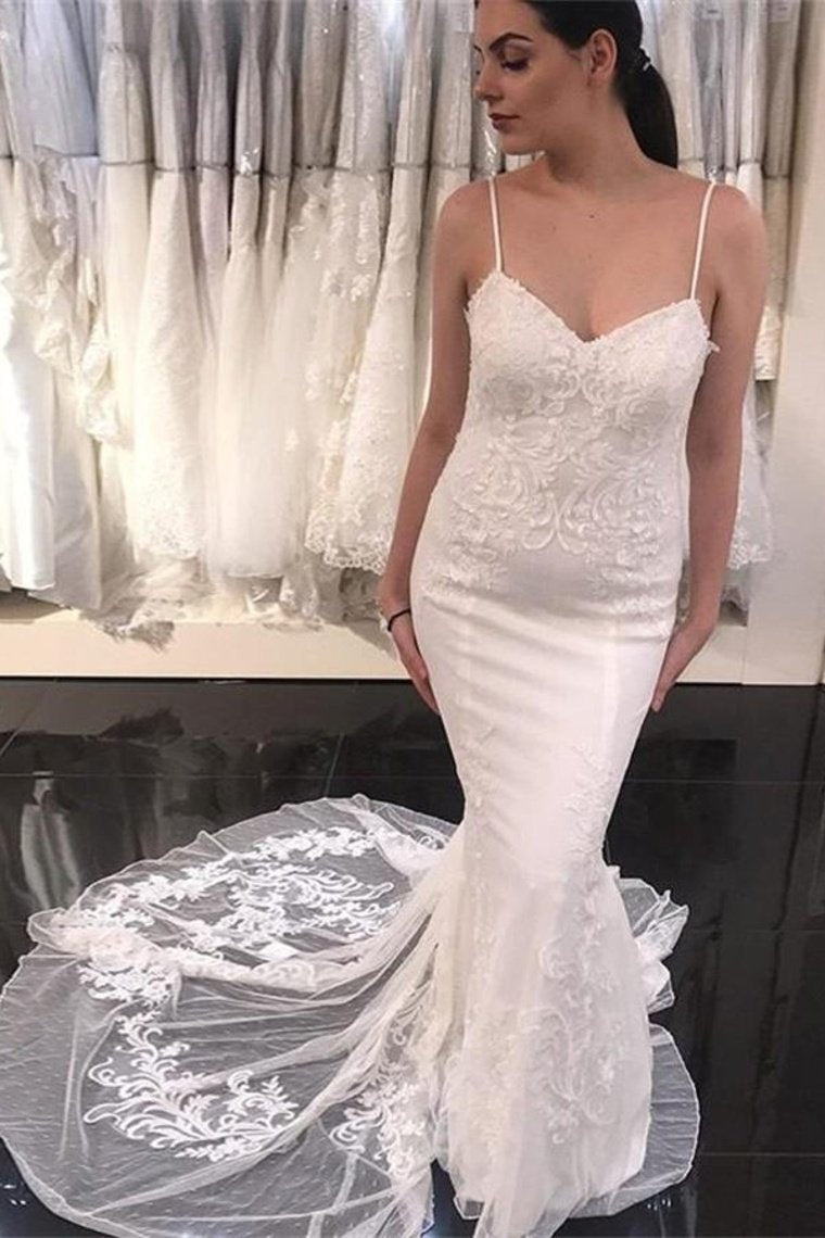 Spaghetti Straps Sheath Classy Ivory Lace Long Wedding Dresses