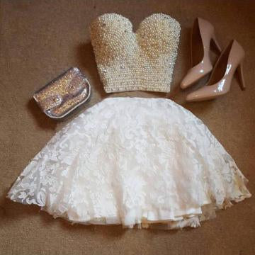 A-Line Two Pieces Sweetheart Short White Lace Knee Length Homecoming Dress with Pearls JS704